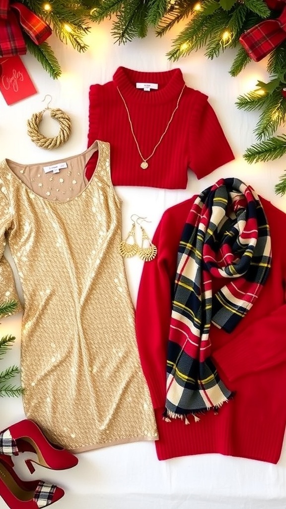 Flat lay of Christmas outfits with a red sweater, gold dress, and festive accessories on a decorated table.